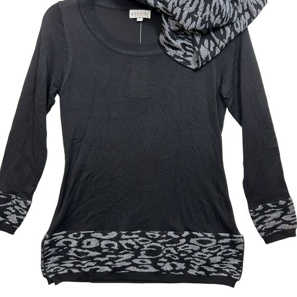 Birch NY Sweater Black Metallic Silver Animal Print Pull Over + Scarf-Size Small - Picture 5 of 7